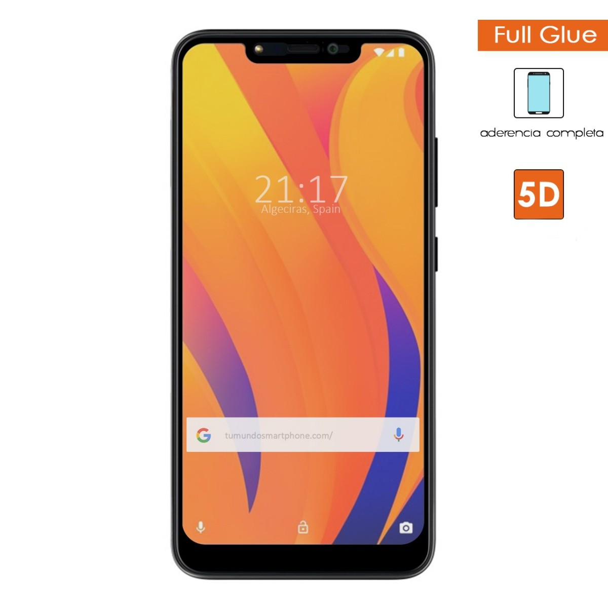 Pantalla de smartphone con protector. Muestra hora, ubicación y texto 5D. El protector es transparente.