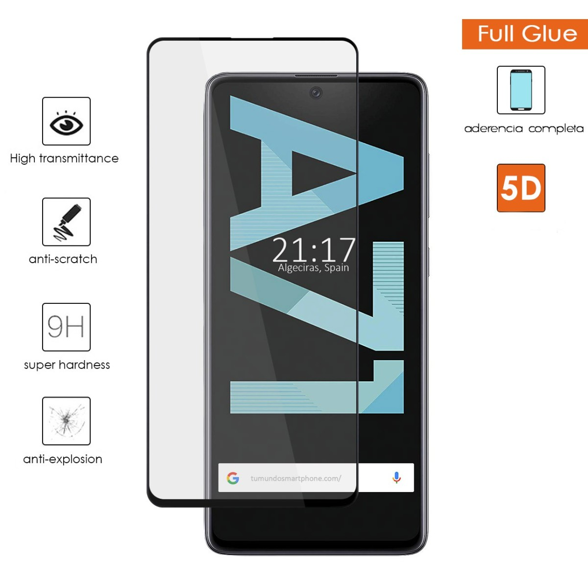 Uno smartphone con protezione schermo mostra infografiche sulla protezione. Colla piena e 5D.