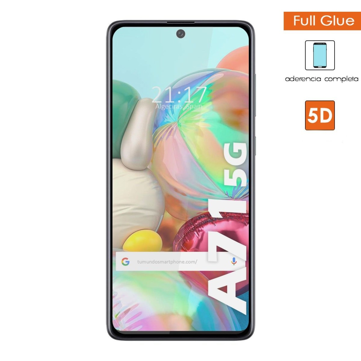Uno smartphone nero mostra uno schermo con l'ora e una barra di ricerca Google. Le etichette indicano A71 5G e Full Glue.
