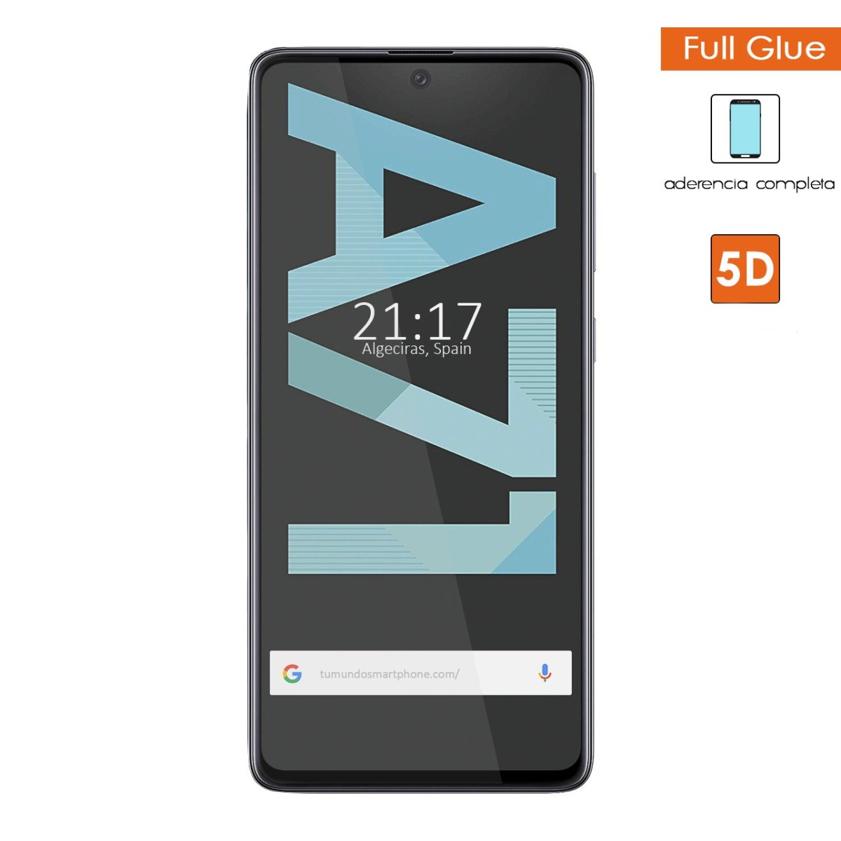 Smartphone con schermo mostra l'ora e l'indirizzo web, con testo grande.