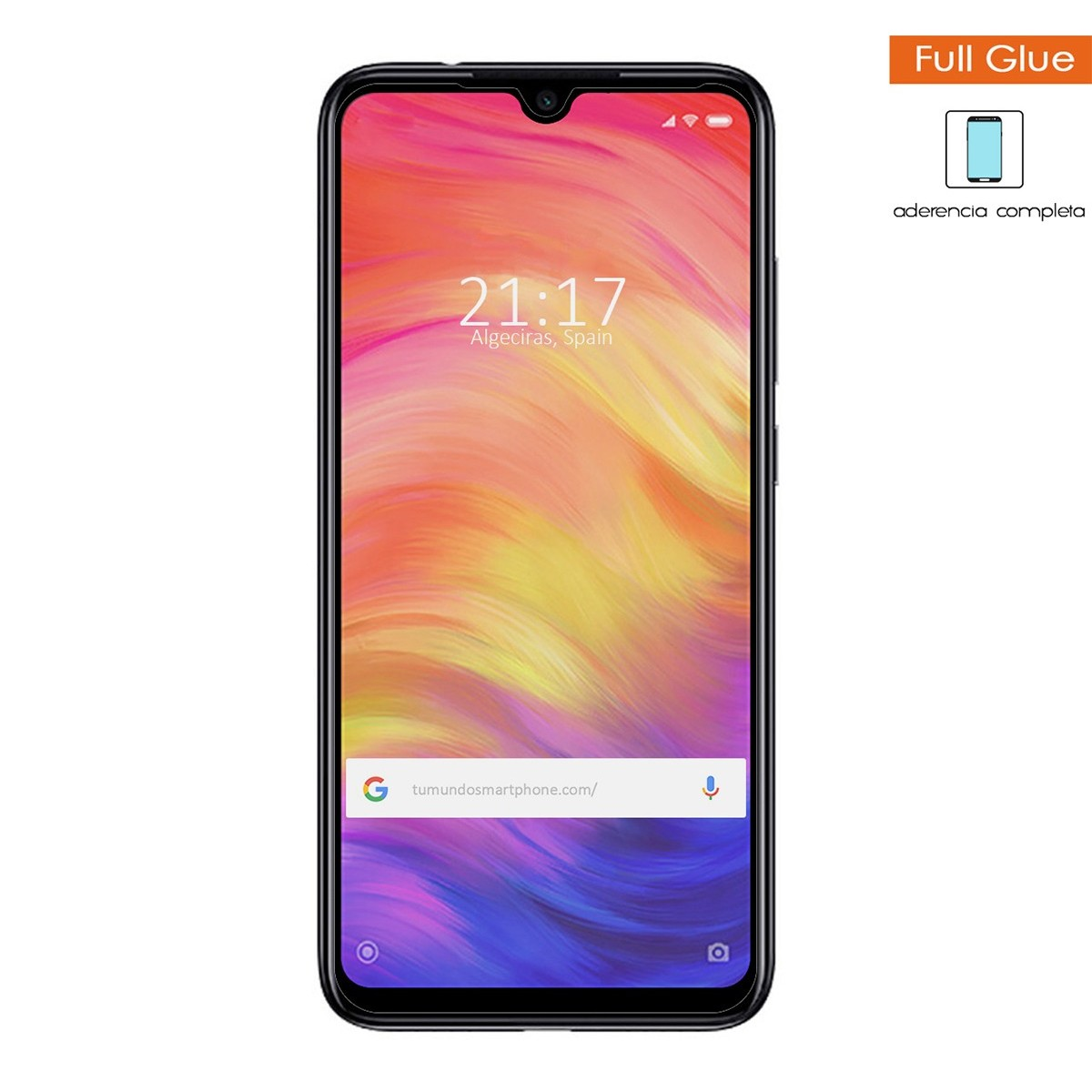 Smartphone que muestra la hora, la ciudad y el sitio web. La pantalla tiene diseño colorido con texto Full Glue.