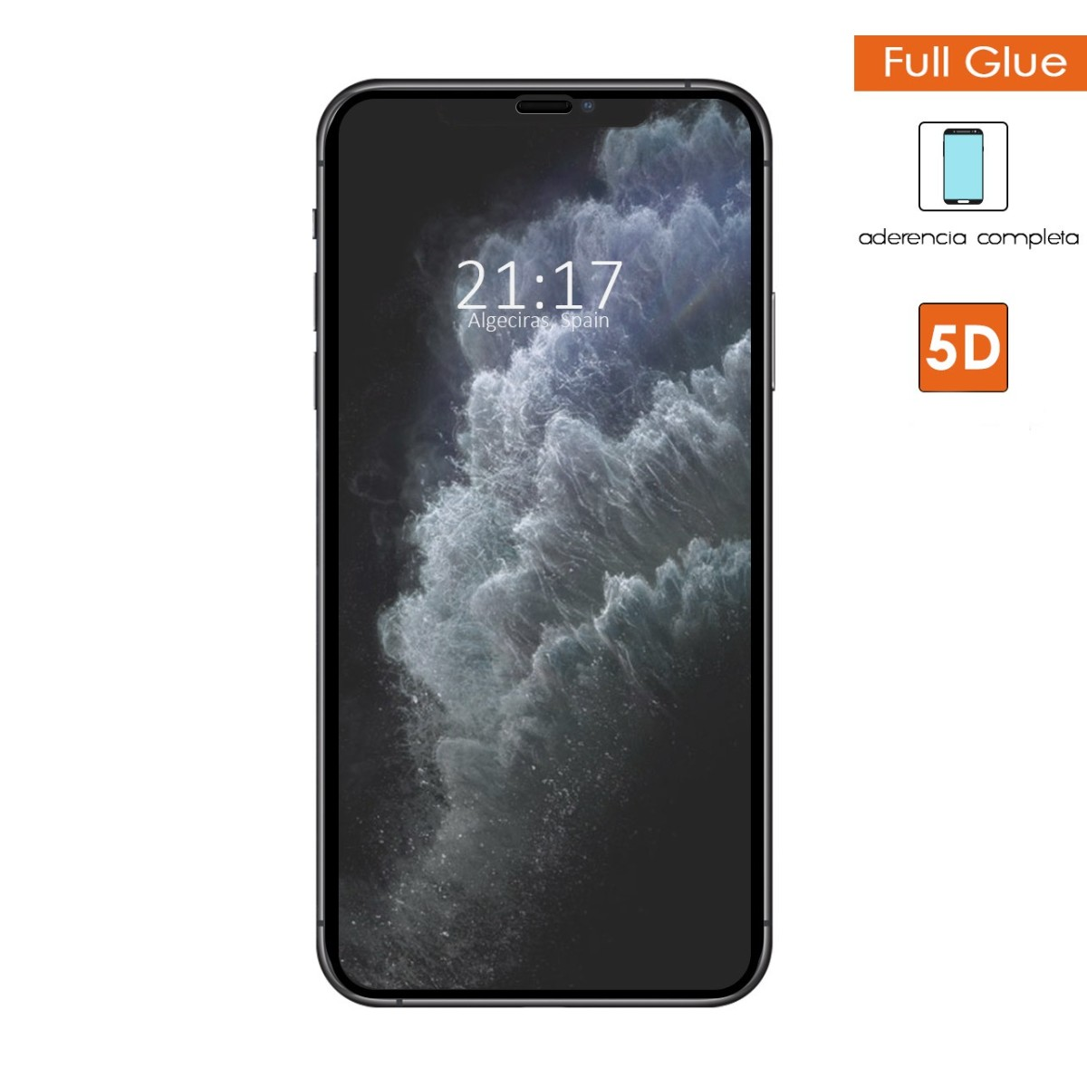 Smartphone nero con schermo scuro che mostra un motivo a onde, e un'etichetta 'Full Glue' con marchio 5D.