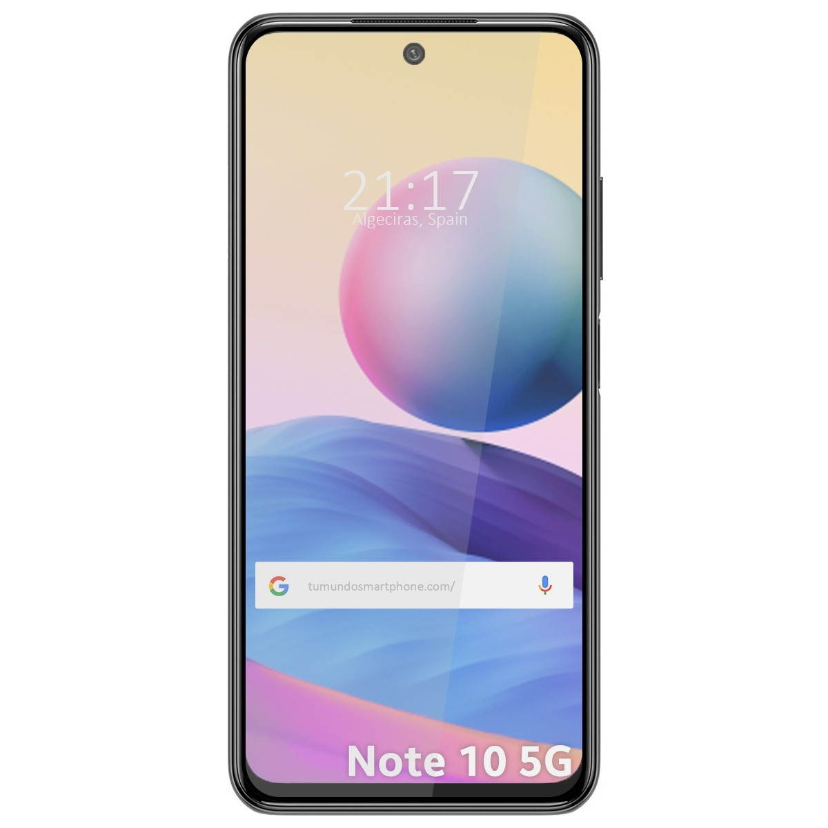 Smartphone con protezione schermo. Mostra ora e luogo. Il telefono è un Note 10 5G.