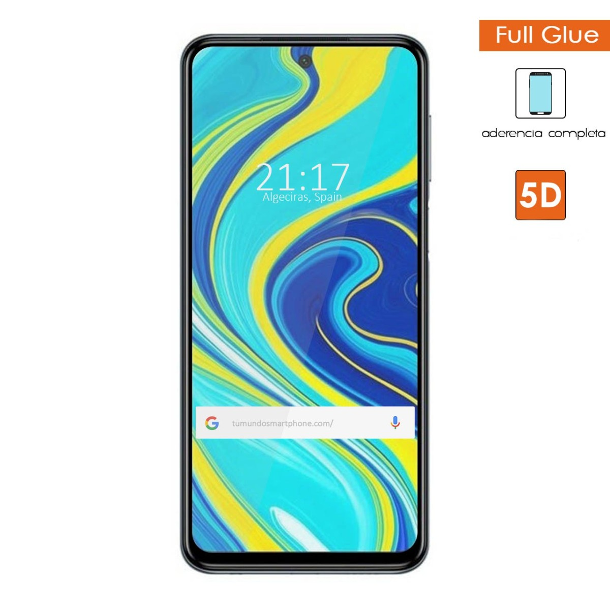 Schermo del telefono con vortici blu e gialli. Sul telefono è presente una protezione schermo.