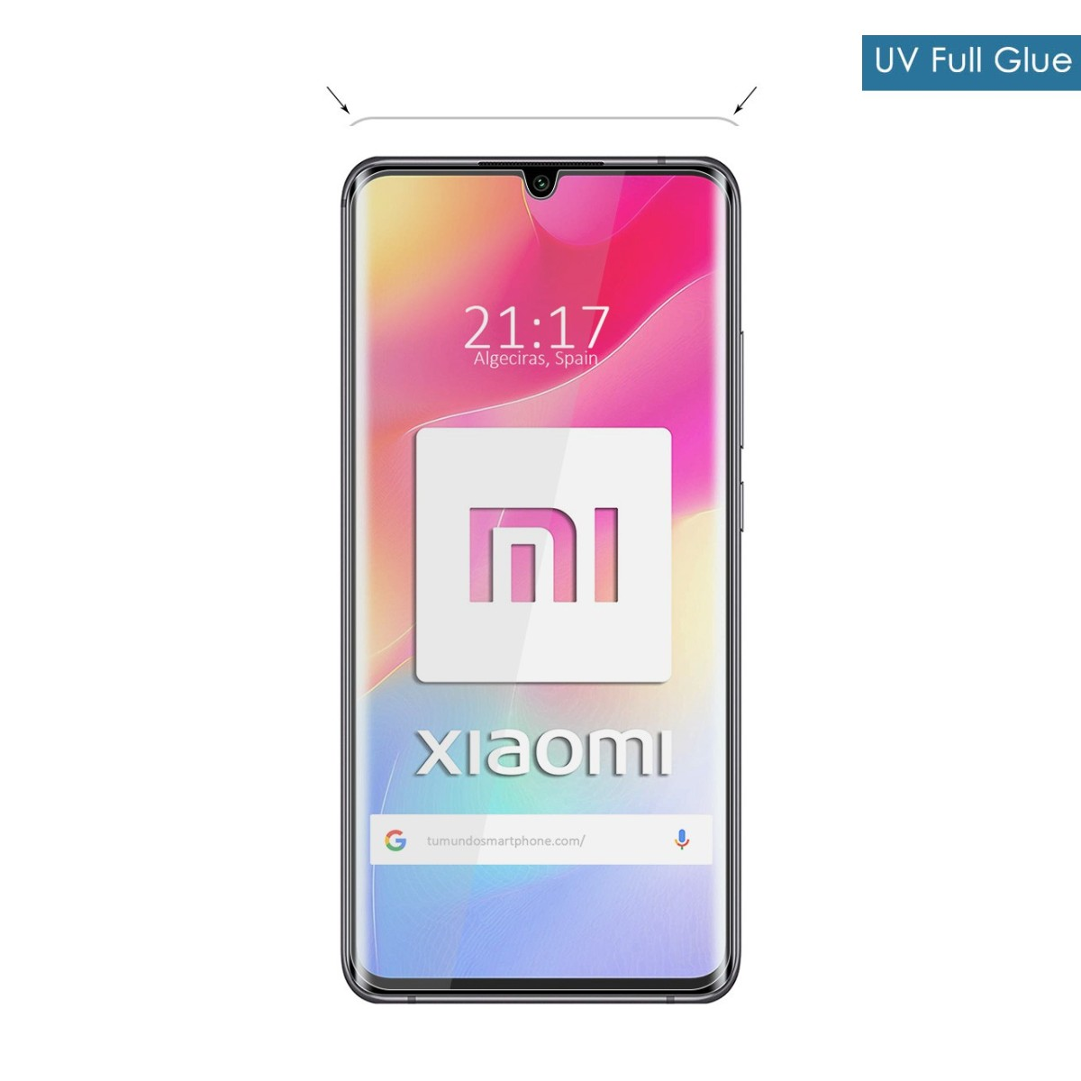 Pantalla del teléfono muestra el logo de Xiaomi, hora 21:17 en Algeciras, España, con barra de búsqueda.