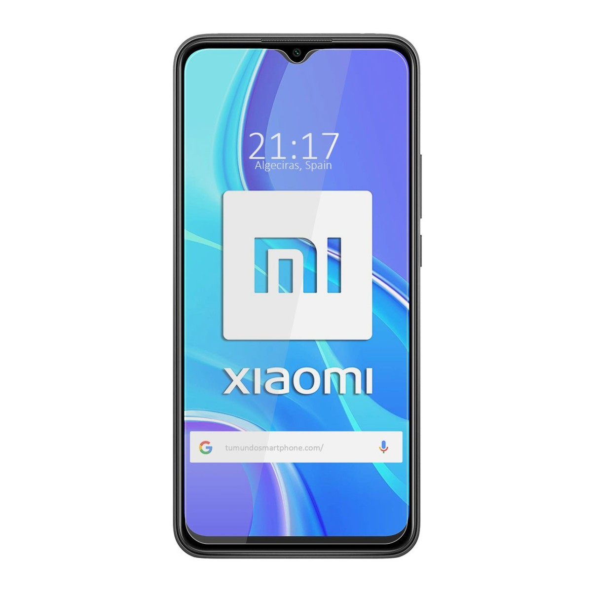 Smartphone mostra ora e luogo. Logo Xiaomi visibile sullo schermo. Sfondo blu.