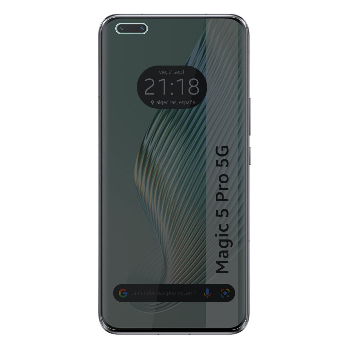 Smartphone Magic 5 Pro 5G. Display mostra ora e sito web, con sfondo grigio. Cornice nera.