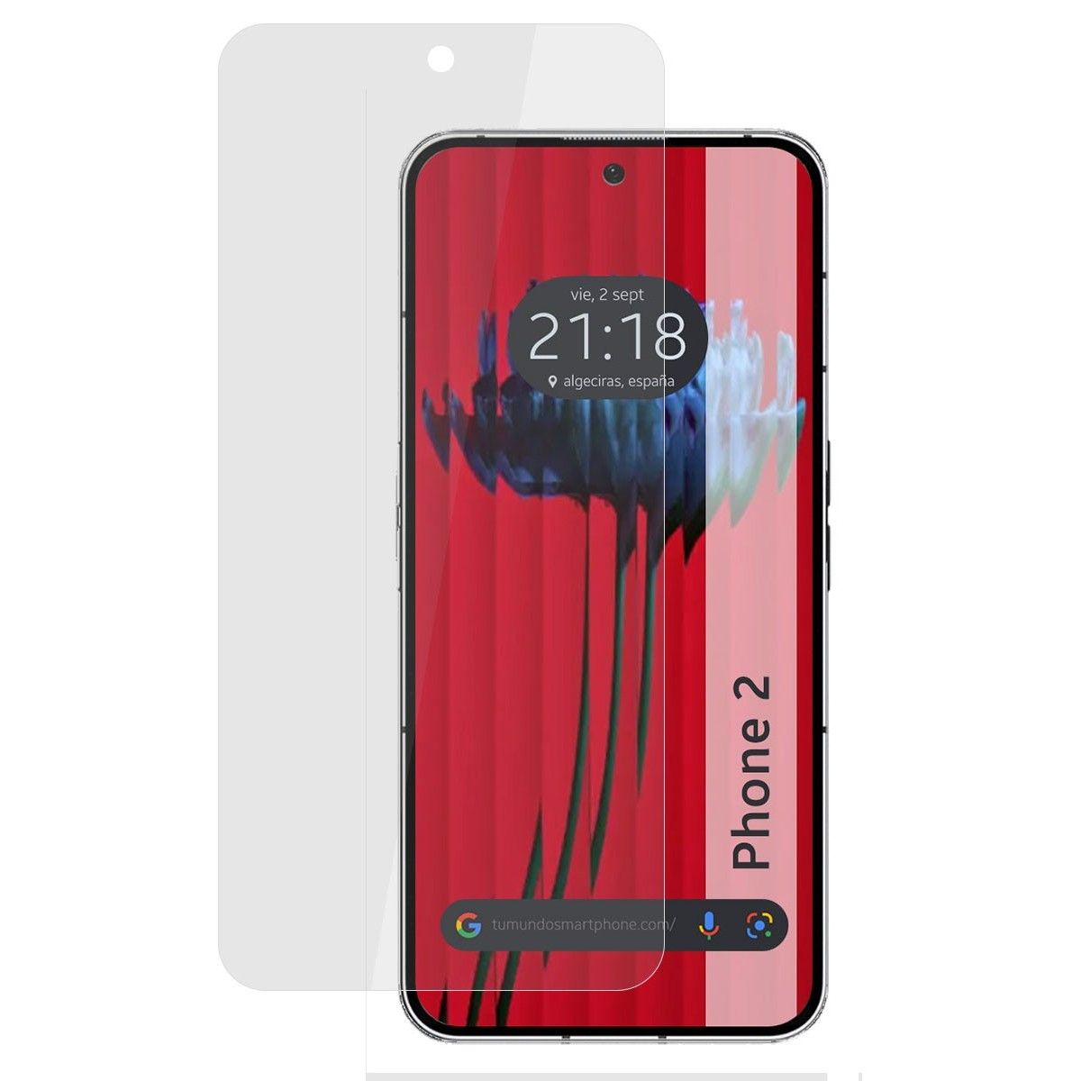 Uno smartphone mostra l'ora e il luogo. Una protezione per lo schermo è sul telefono. Sfondo rosso.