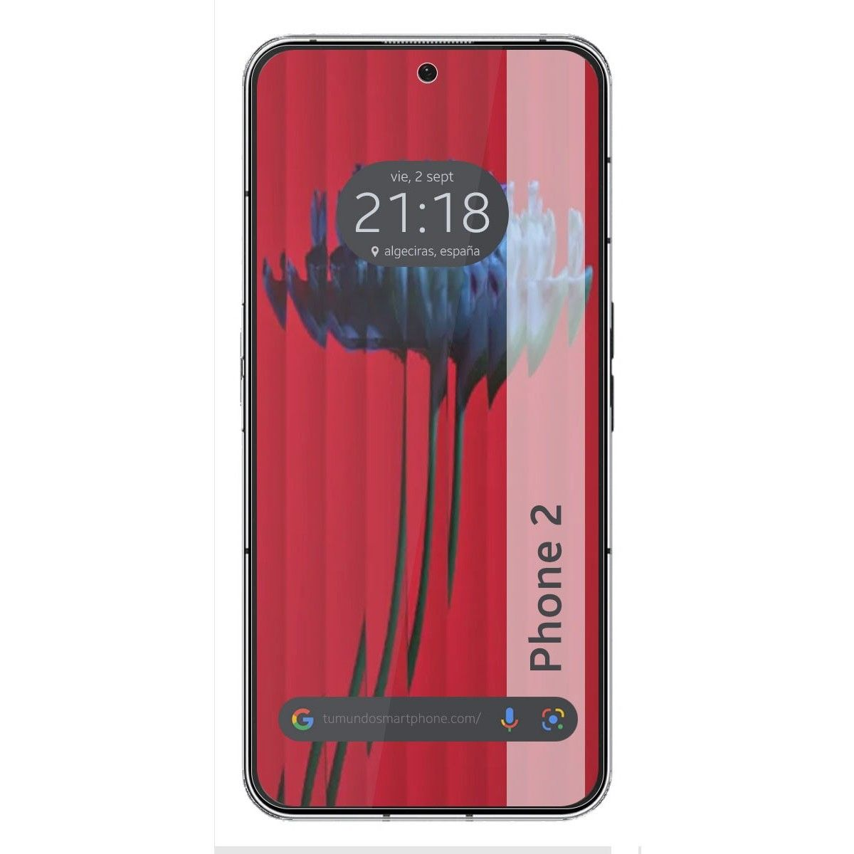 Schermo del telefono rosso che mostra ora, data e design floreale.