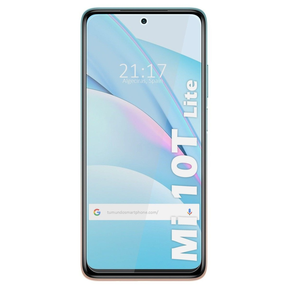 Vista frontal de un smartphone Mi 10T Lite, mostrando hora y fecha, con un tono azul.