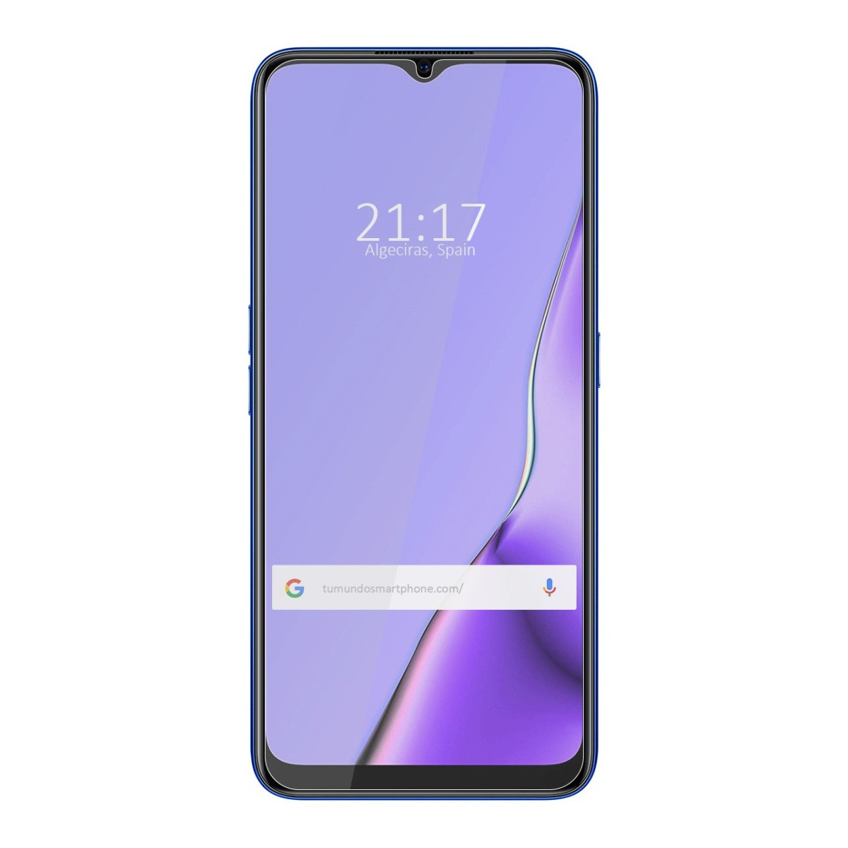 Pantalla de teléfono con hora y sitio web.