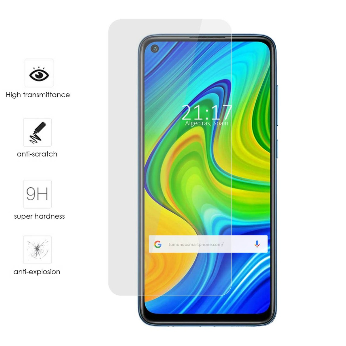 Smartphone con protezione schermo, mostra l'ora e icone delle funzionalità.