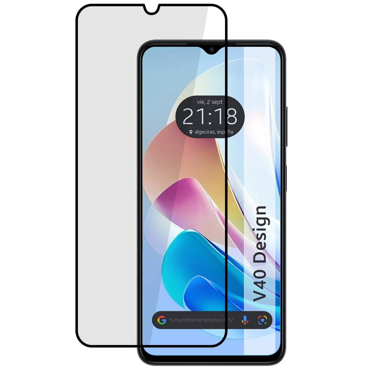 Smartphone V40 Design con protezione schermo. Mostra l'ora e la barra di ricerca.