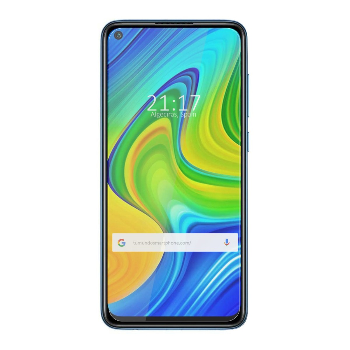 Smartphone con schermo mostra l'ora e l'indirizzo web, con forme curve.