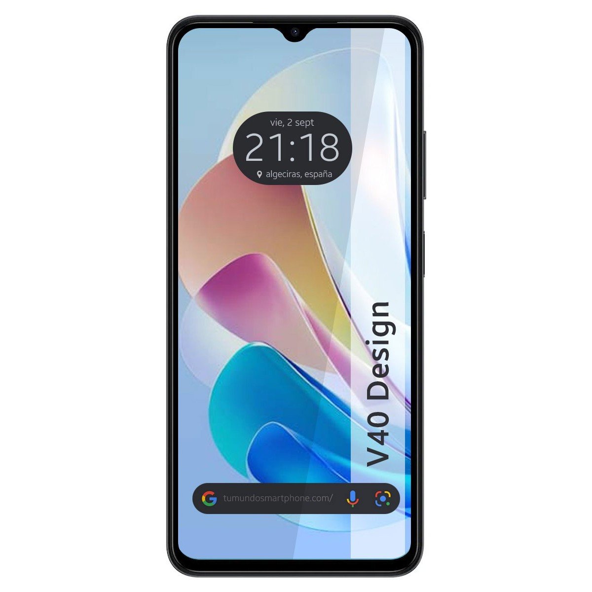 Lo schermo del telefono mostra l'ora, la barra di ricerca e un design, con una protezione schermo in vetro.