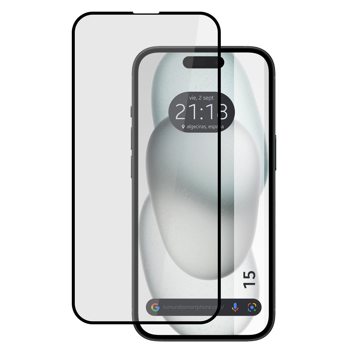 Smartphone con protezione schermo, mostra 21:13 e un sito web. Il telefono ha una cornice nera.
