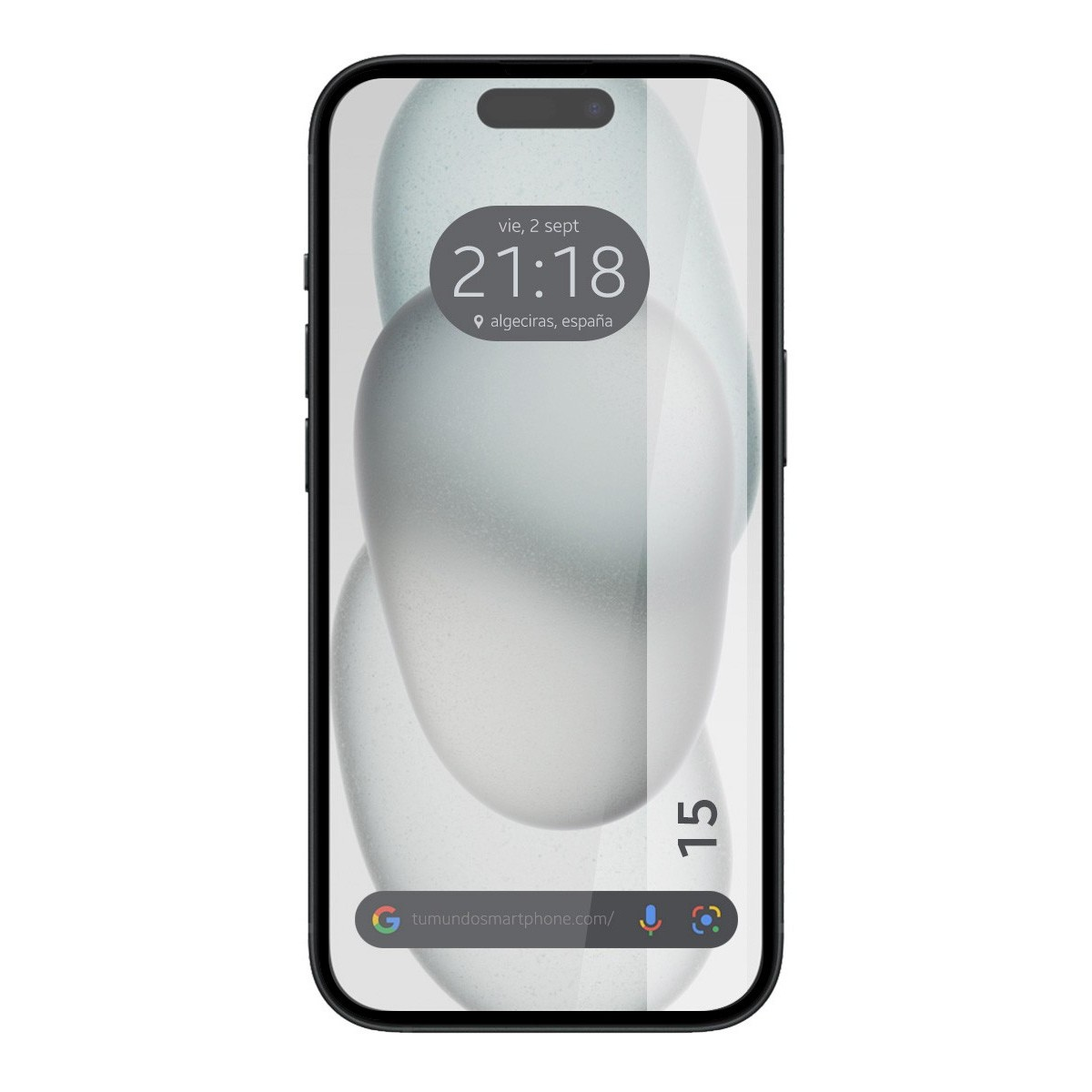 Smartphone con ora e barra di ricerca, con protezione schermo trasparente.