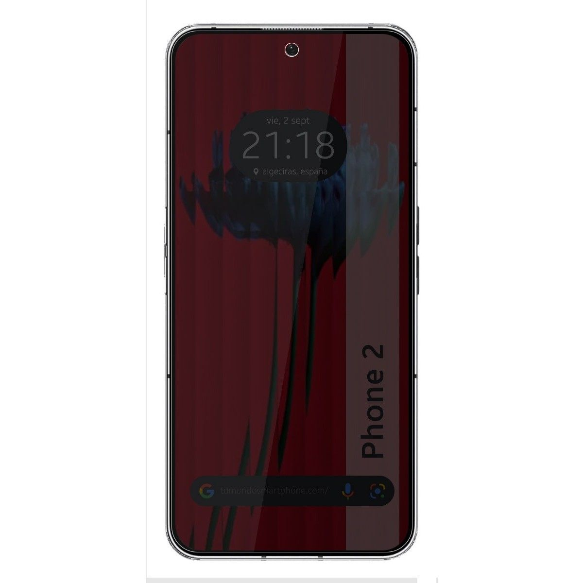 Smartphone Phone 2 con schermo rosso, ora e indirizzo web. Grafica floreale visibile.