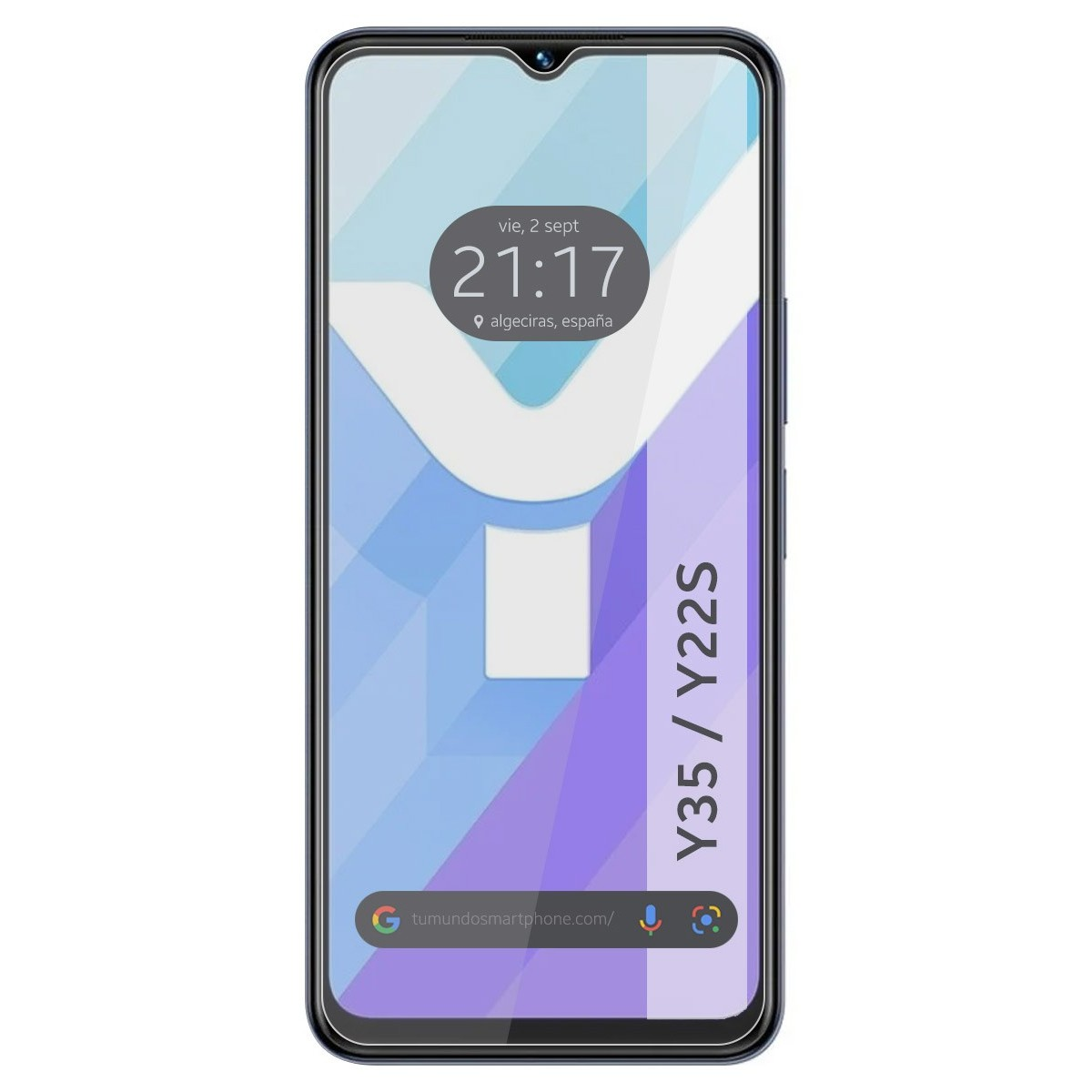 Smartphone mostra ora e luogo, con marchio Y35 / Y22S. Sfondo blu e bianco.
