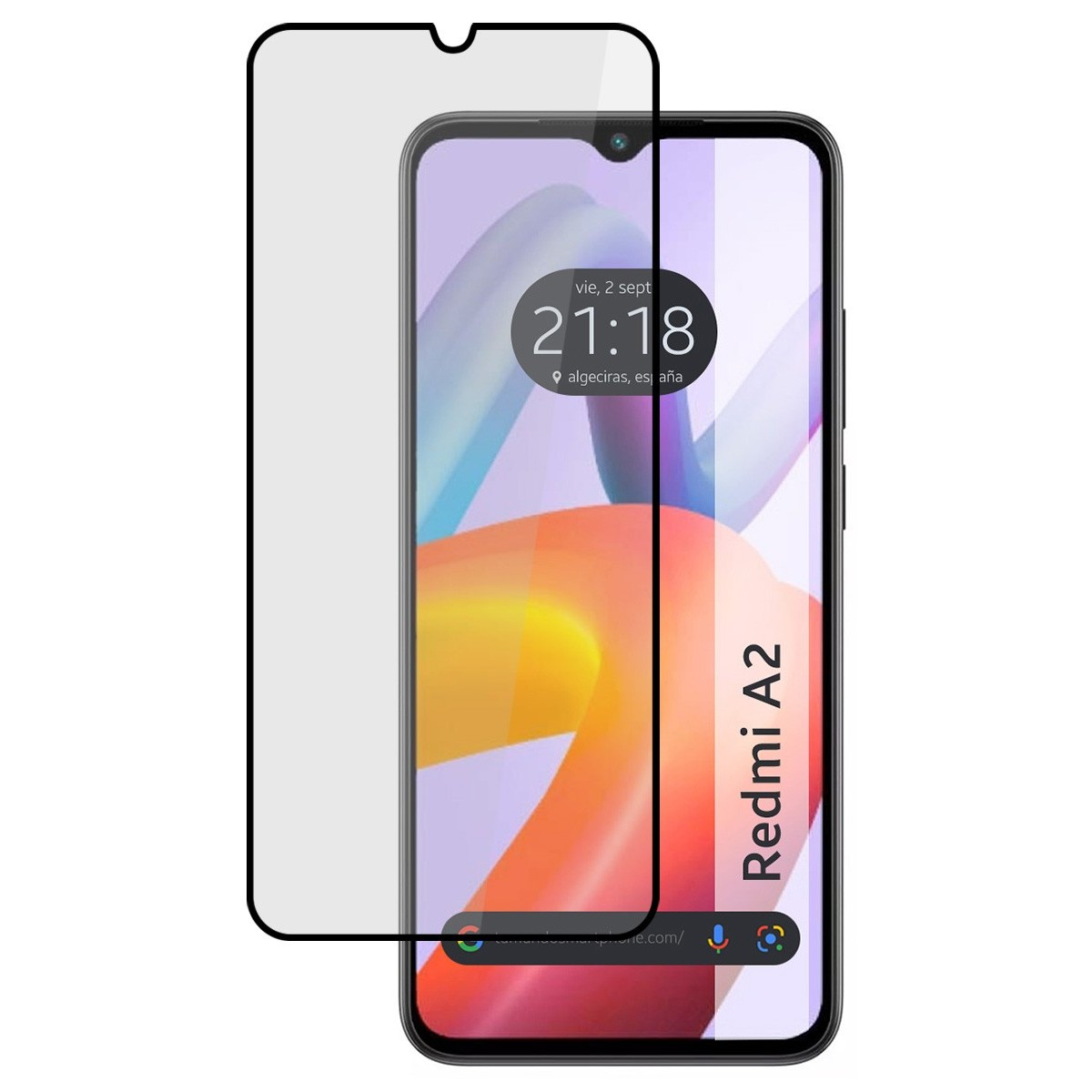 Uno schermo di smartphone con protezione, che mostra un'interfaccia ora e posizione.