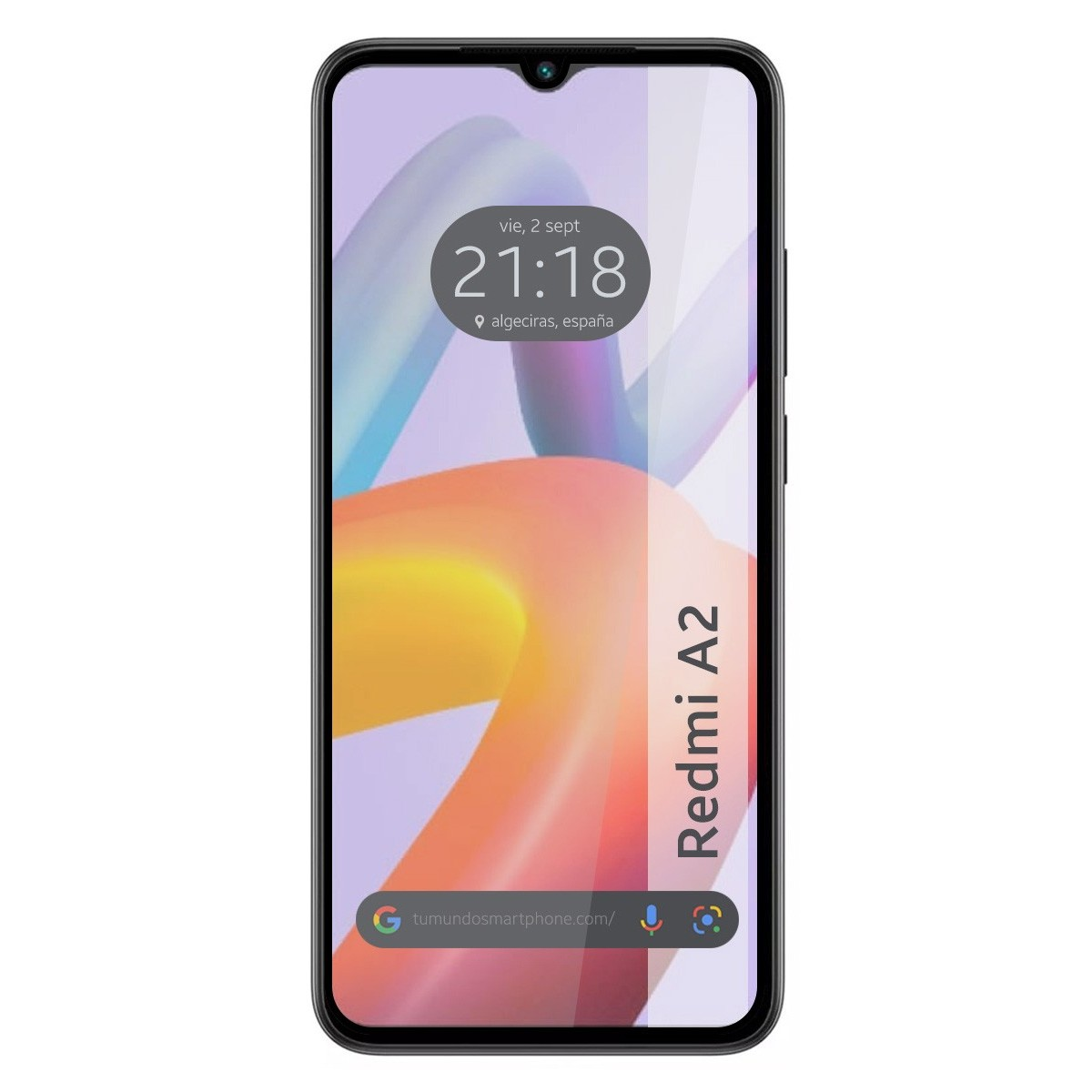 Smartphone con schermo che mostra un design astratto colorato e l'ora.