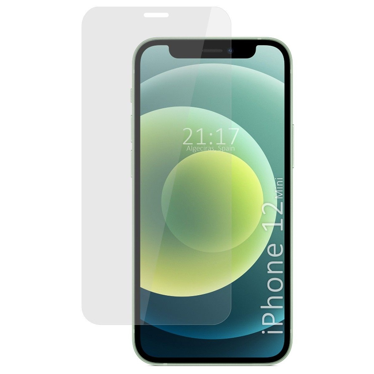 iPhone 12 Mini con protezione schermo. Mostra l'ora.