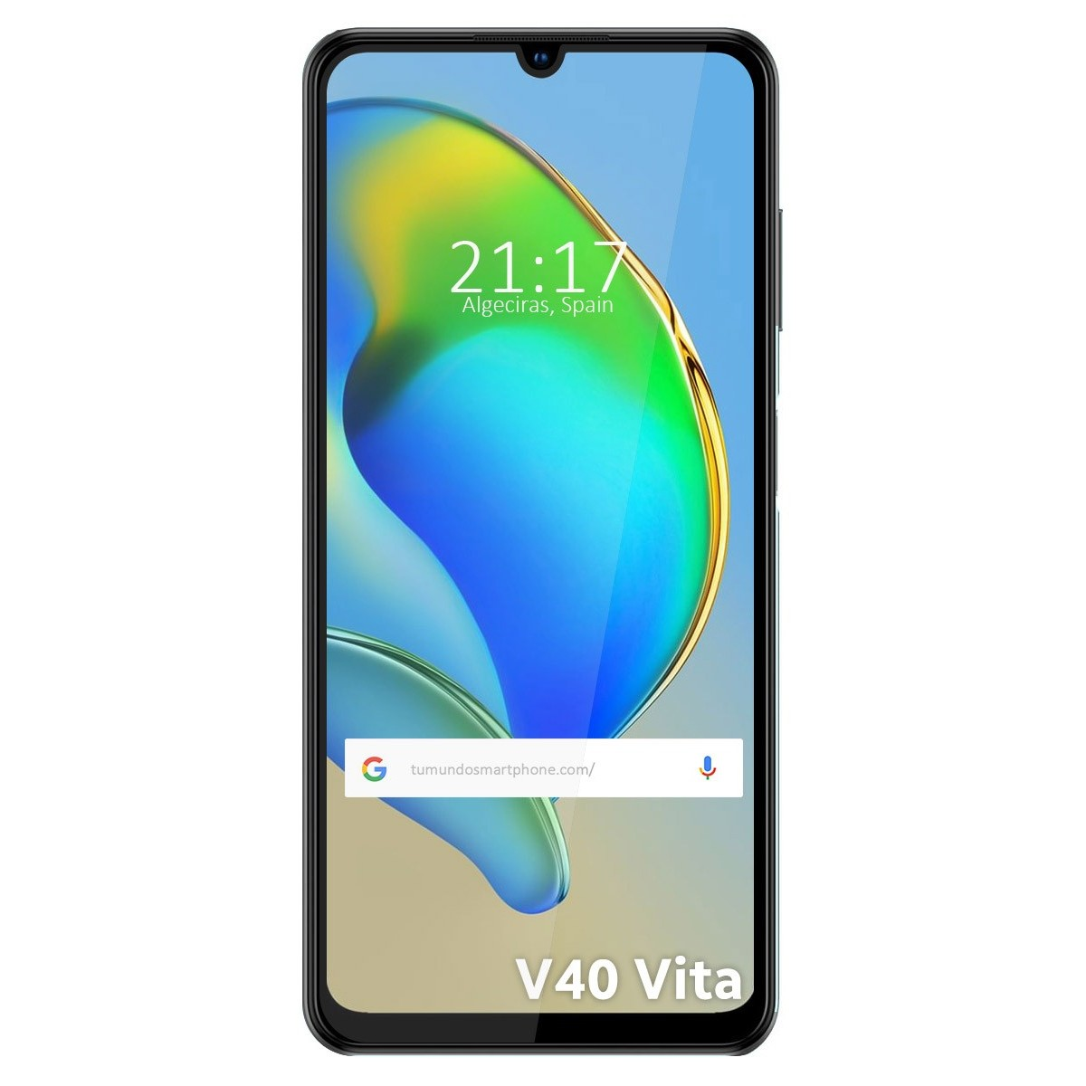 Schermo di smartphone con ora e luogo, con testo 'V40 Vita'. Lo schermo è blu.