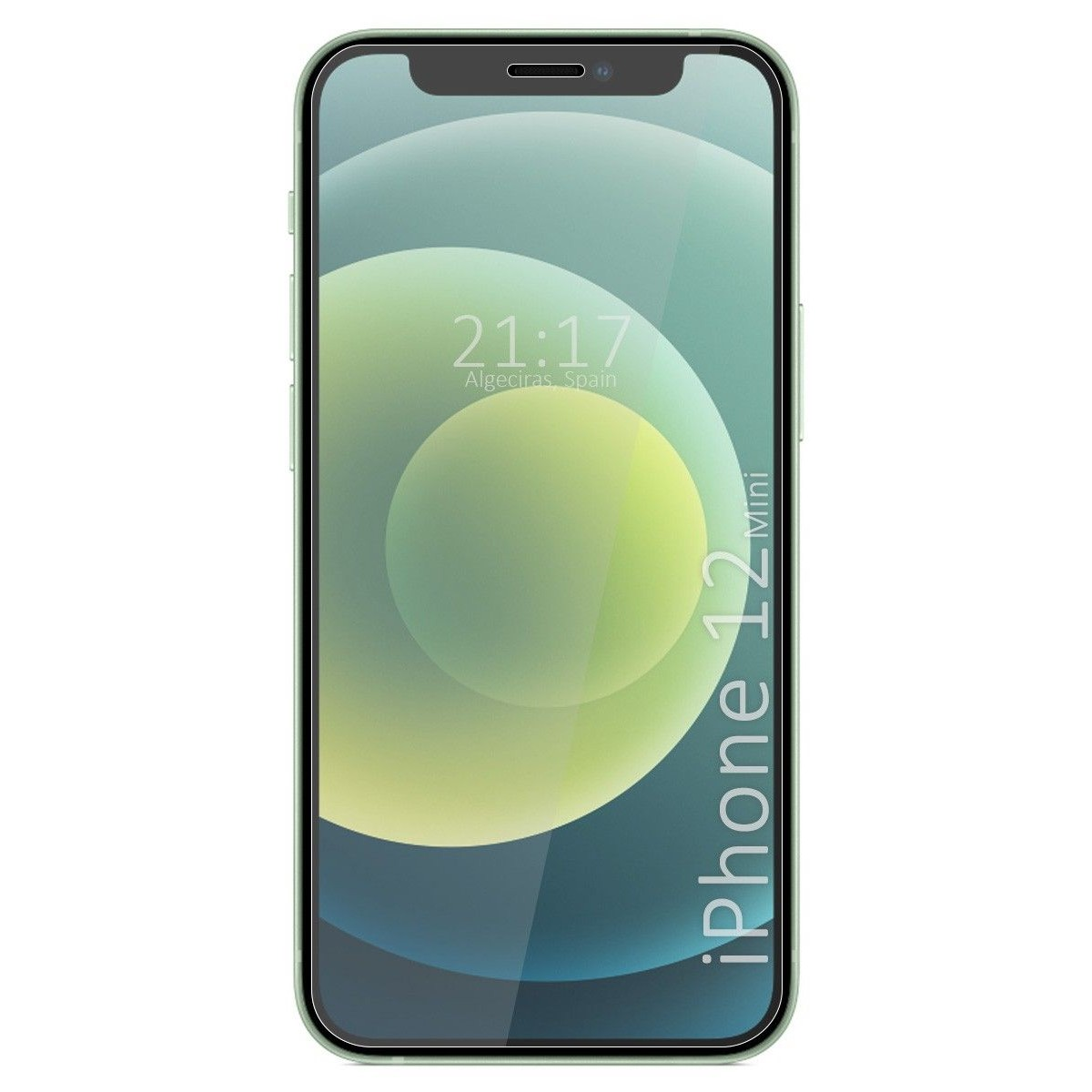 Smartphone verde con la scritta 'iPhone 12 Mini' sullo schermo. L'ora è visualizzata in alto.