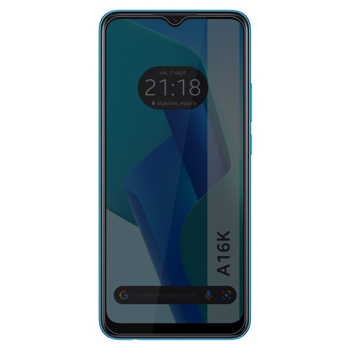Telefono A16K con cornice blu. Lo schermo mostra l'ora e forme blu astratte. Filtro scuro.