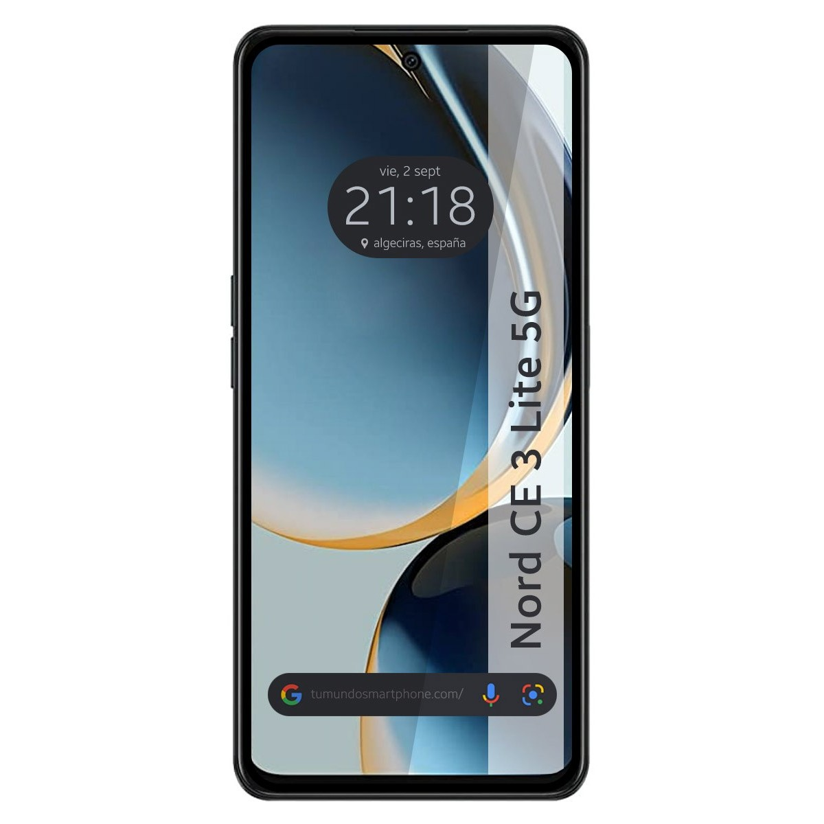 Smartphone con protector de pantalla. El teléfono muestra un tema azul, gris y blanco.