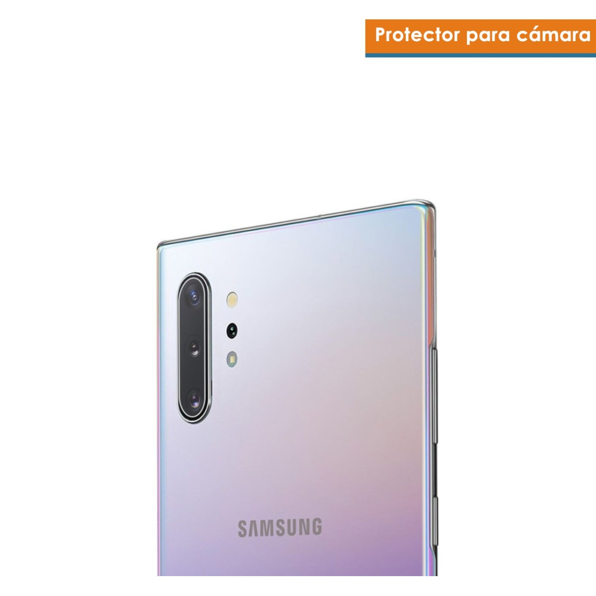 Primer plano de la parte trasera de un smartphone, con configuración de múltiples cámaras. Texto 'Samsung' visible debajo.