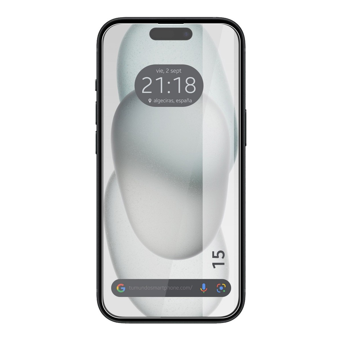 Smartphone con protector de pantalla, visualización de la hora y barra de búsqueda de Google. Modelo 15 visible.