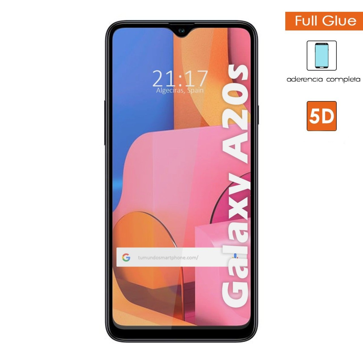 Uno smartphone Galaxy A20s mostra un design rosa e arancione. L'ora è 21:17.