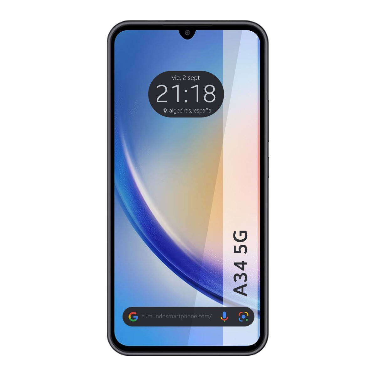 Smartphone con l'ora 21:18, Algeciras, Spagna. Lo schermo presenta un design blu e bianco con l'etichetta A34 5G.