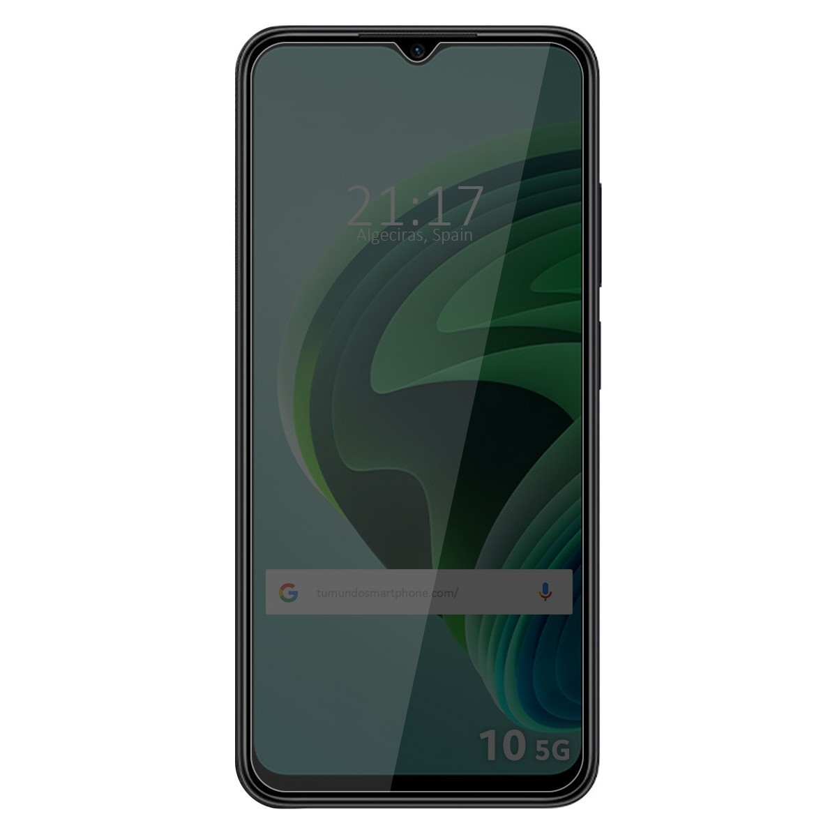 Schermo del telefono che mostra l'ora 21:17. Testo: 10 5G. Lo schermo è verde.