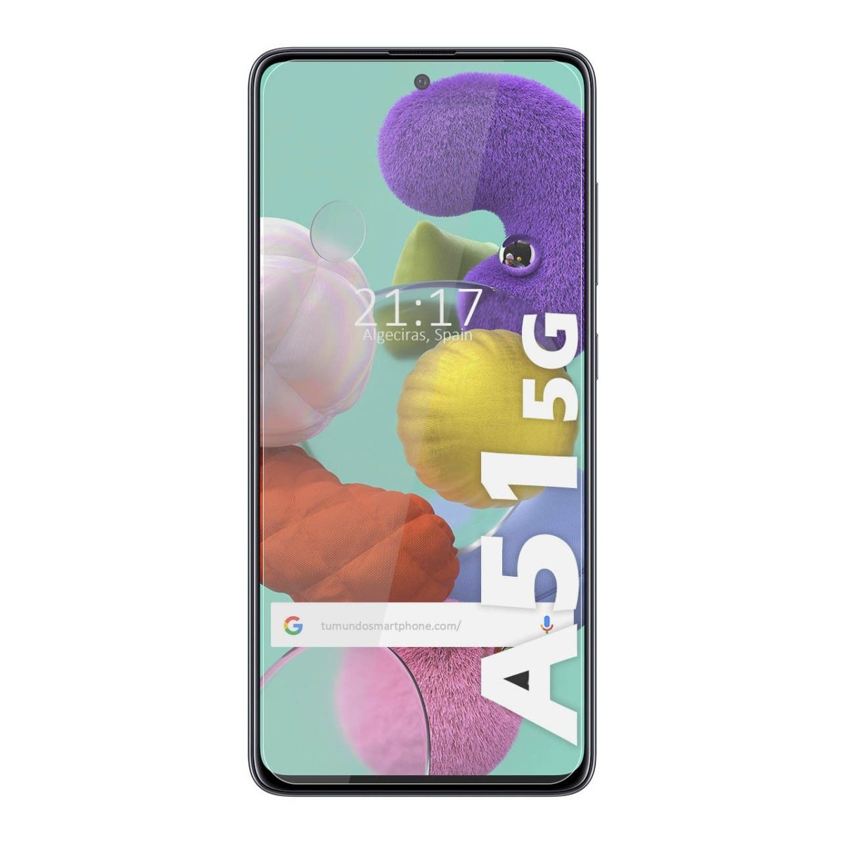 Telefono A51 5G, ora 21:17, Algeciras, Spagna. Barra di ricerca Google visibile. Il telefono ha uno sfondo colorato.