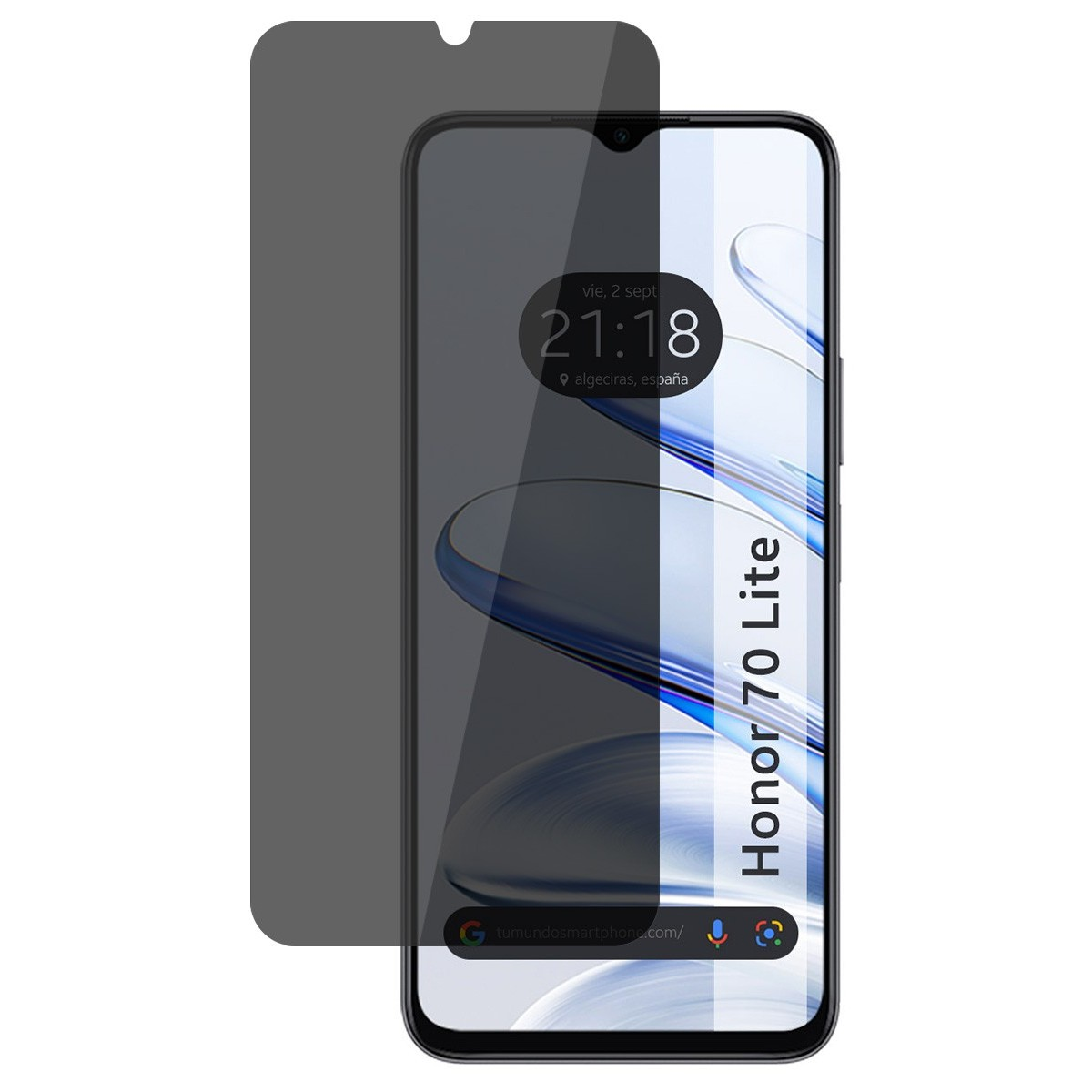 Telefono Honor 70 Lite con protezione schermo. Mostra ora, data. Barra sito in basso.