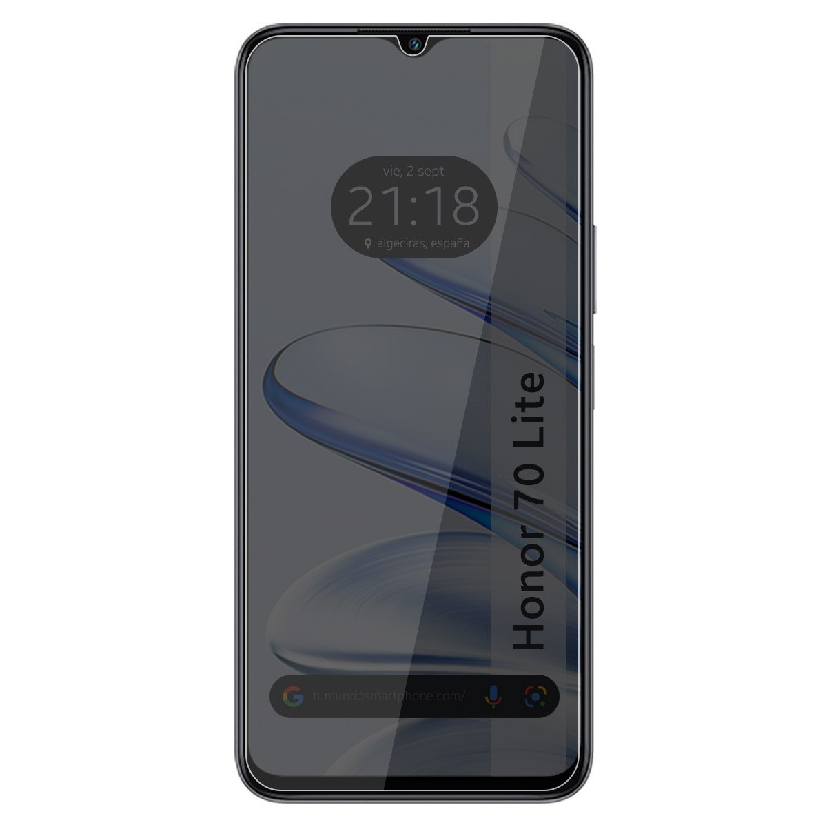 Telefono Honor 70 Lite con schermo, mostra ora e barra di ricerca, su sfondo bianco.