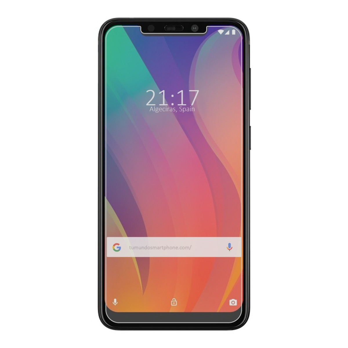 Teléfono con pantalla, hora 21:17. Fondo colorido. Marco negro.