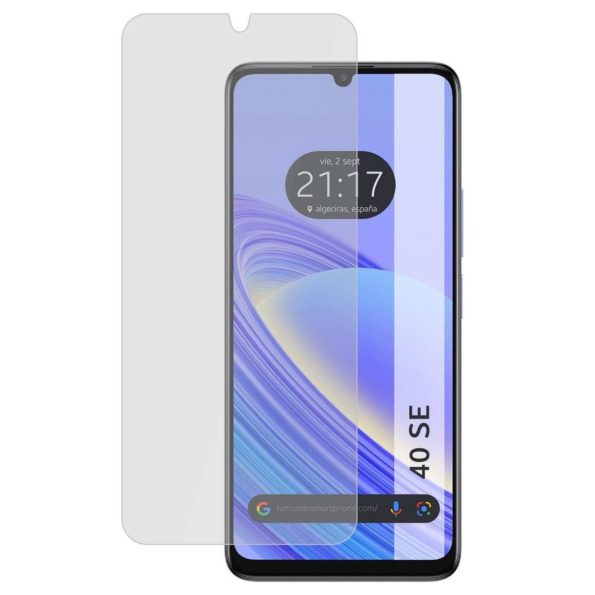 Schermo dello smartphone, protezione, visualizzazione dell'ora e URL tumundosmartphone.com.