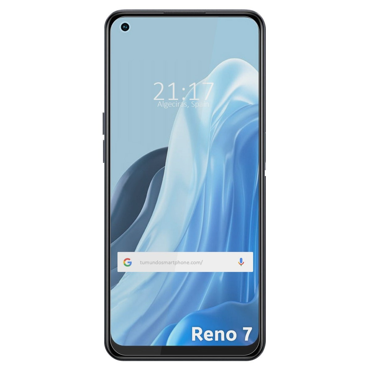 Smartphone con protector de pantalla, mostrando hora y gradiente azul y blanco.