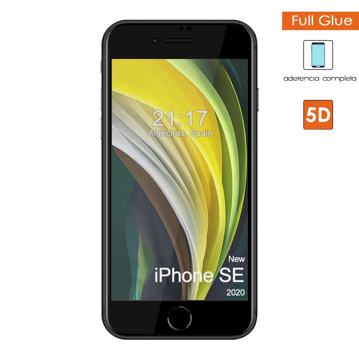 iPhone SE 2020 negro, mostrando hora y web, con protector de pantalla.