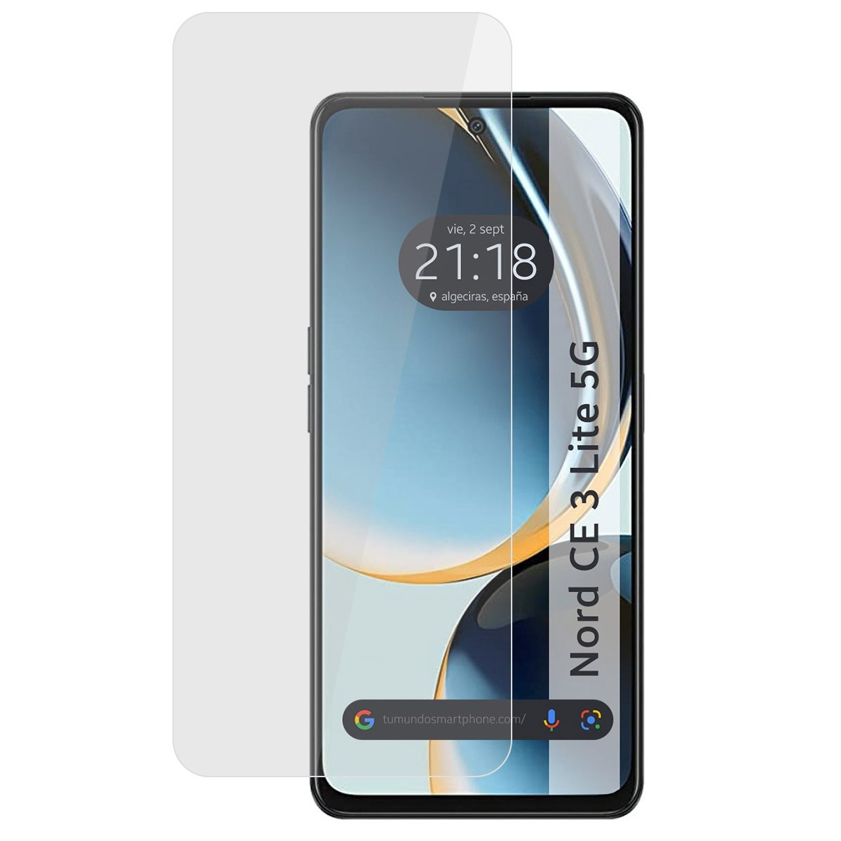 Smartphone con protezione schermo. Mostra ora, città, sito web. Il telefono ha il testo Nord CE 3 Lite 5G.