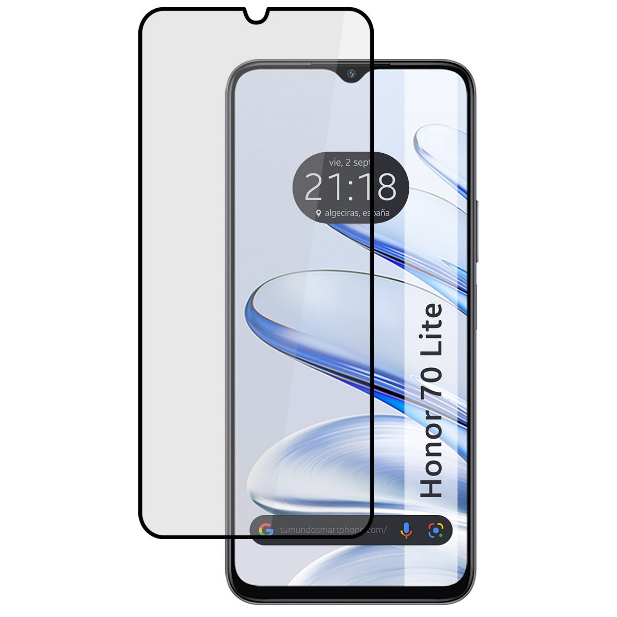 Smartphone Honor 70 Lite con protezione schermo. Mostra ora, luogo e barra di ricerca.