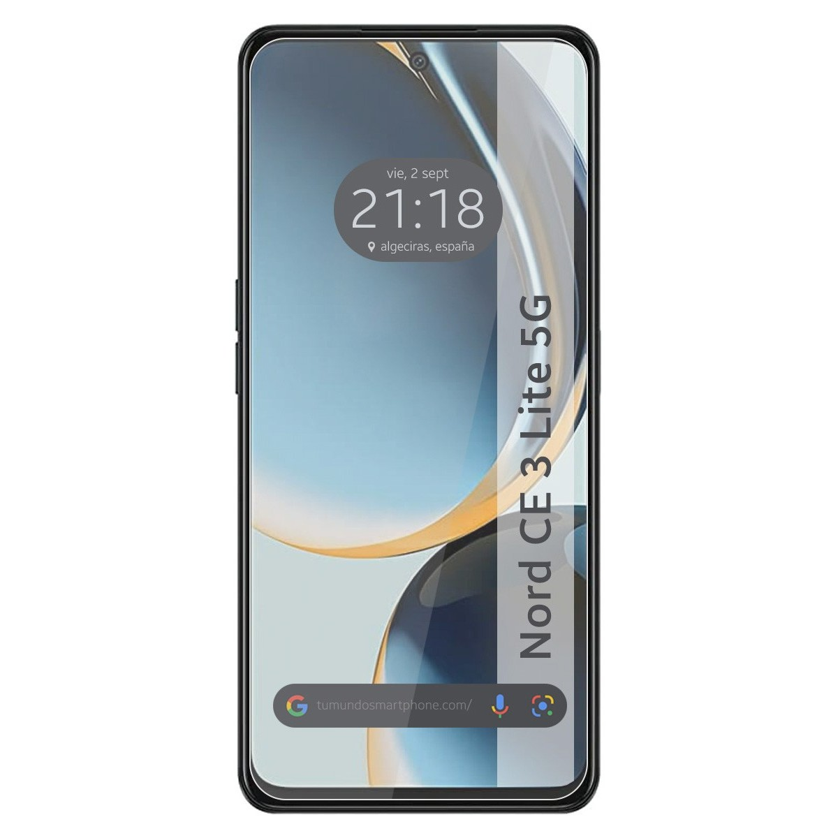 Schermo del telefono con 21:18, Algeciras, Spagna, ora. Protezione schermo applicata, modello Nord CE 3 Lite 5G.
