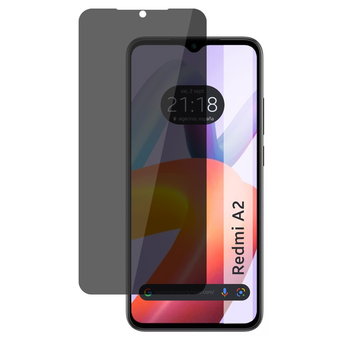 Telefono con protezione schermo. Ora: 21:18. Modello: Redmi A2. Lo sfondo è un'immagine sfocata.