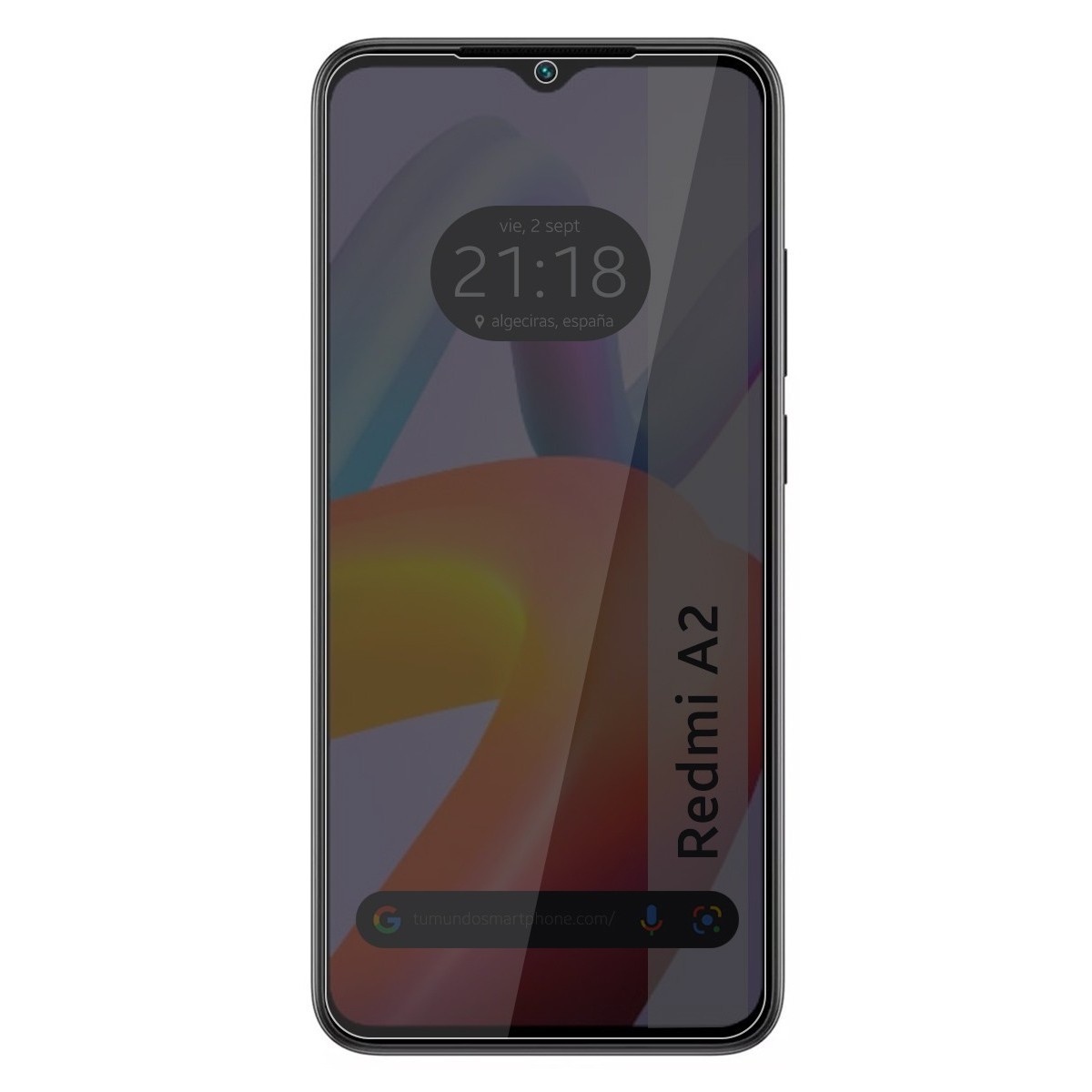 Telefono Redmi A2 con protezione schermo. Il display mostra ora e un design. Viene applicato un filtro scuro.