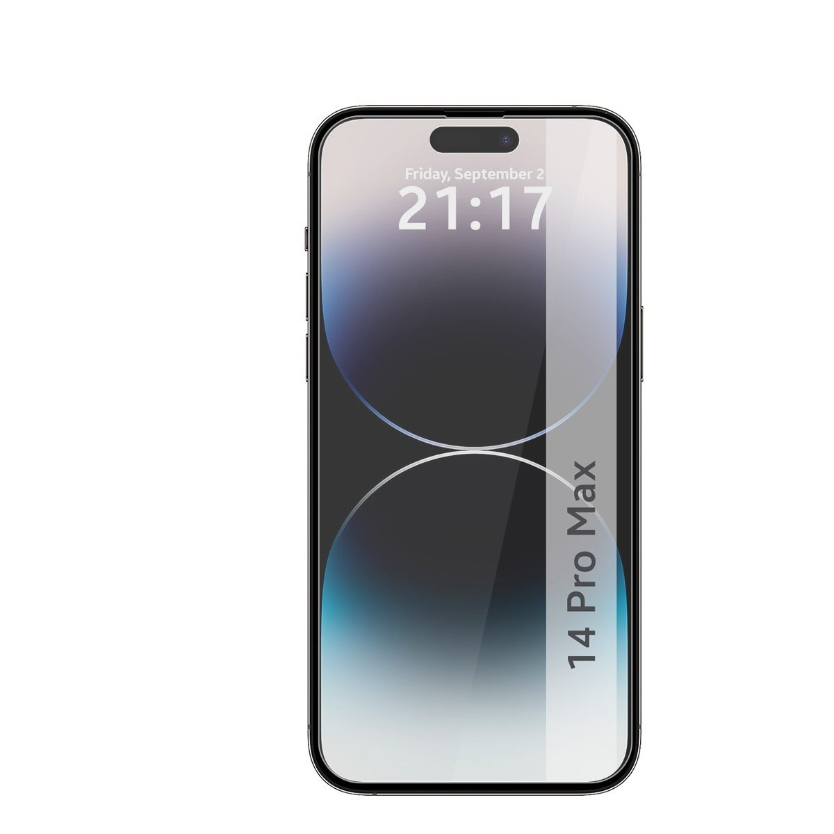 Telefono che mostra ora, data e testo "14 Pro Max" sullo schermo.