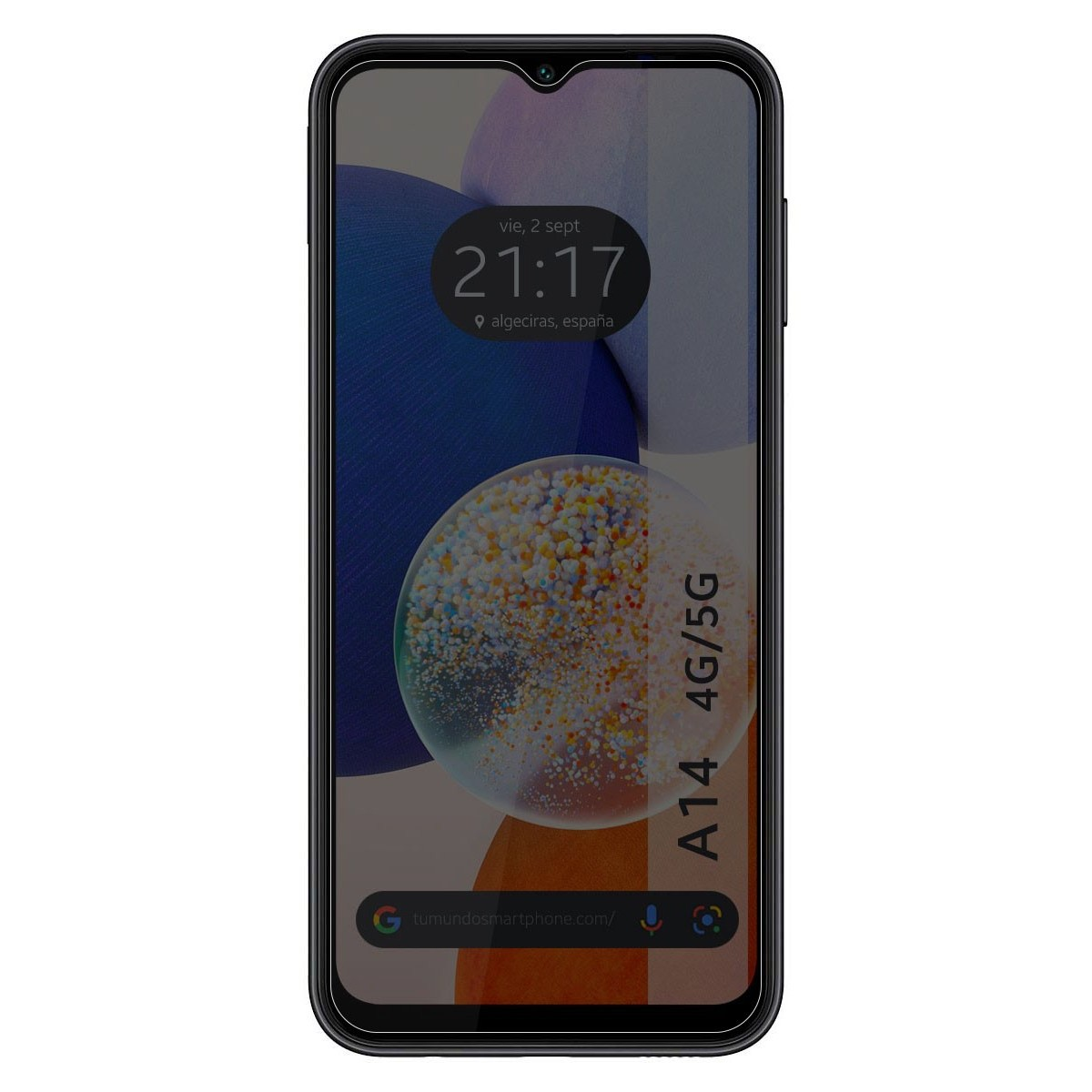 Smartphone nero con ora, posizione, barra di ricerca Google e design astratto. A14 4G/5G è stampato. Viene mostrata la data.
