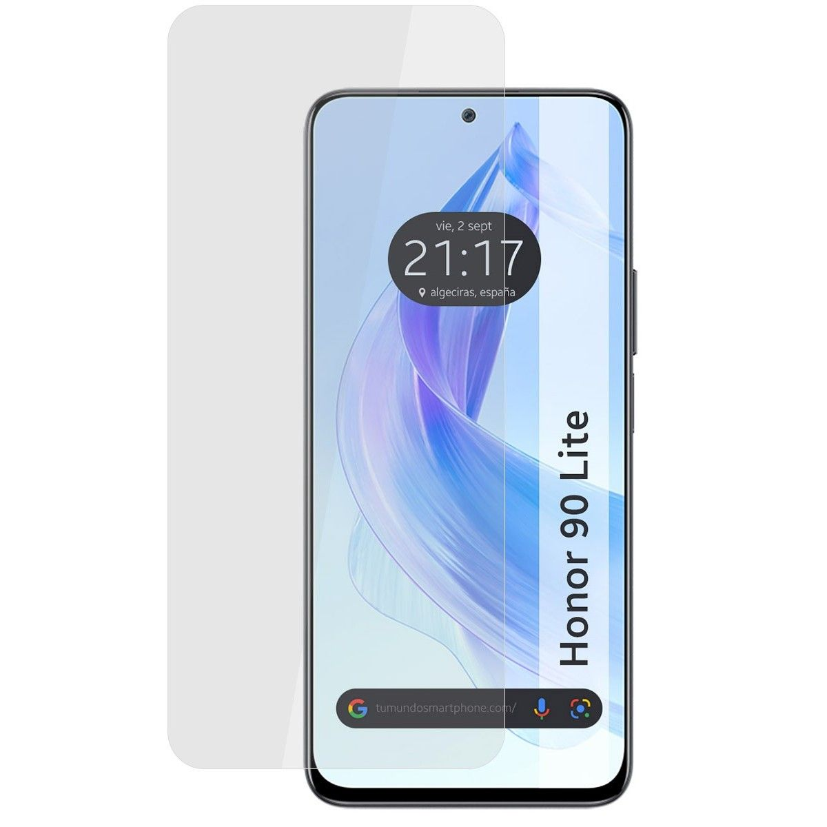 Telefono Honor 90 Lite con protezione schermo. Mostra l'ora 21:17 ad Algeciras, Spagna.